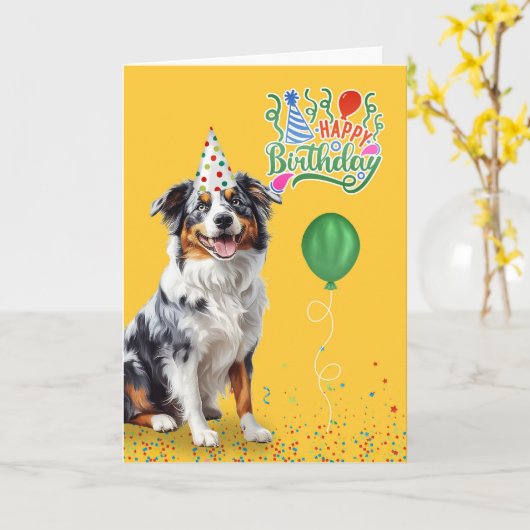 Australian Shepherd Dog in een feestje Pet Verjaar Kaart (Gele Bloem)