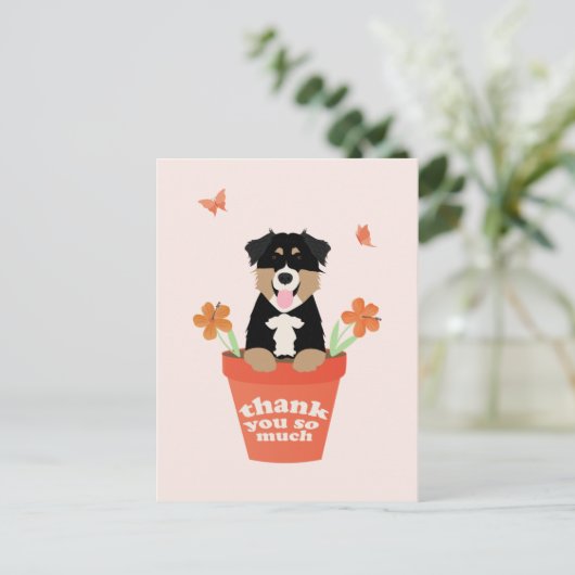 Australian Shepherd Dog in Flower Pot Dank u Briefkaart (Staand voorkant)
