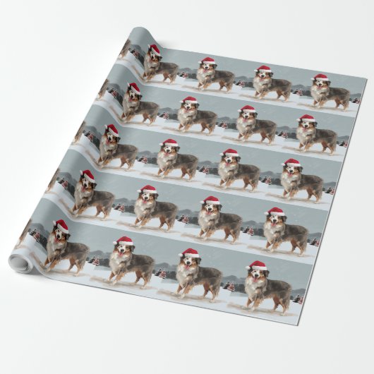 Australian Shepherd Dog in Sneeuwkerst Cadeaupapier (Uitgerold)
