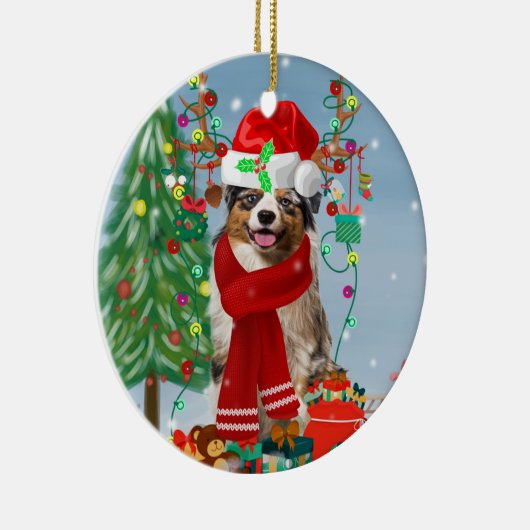 Australian Shepherd Dog in Sneeuwkerst Keramisch Ornament (Rechts)