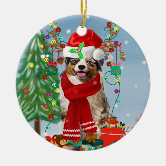 Australian Shepherd Dog in Sneeuwkerst Keramisch Ornament (Voorkant)