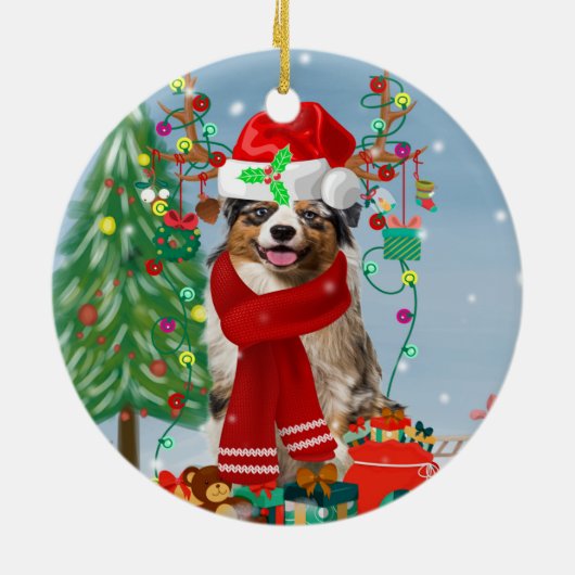 Australian Shepherd Dog in Sneeuwkerst Keramisch Ornament (Achterkant)
