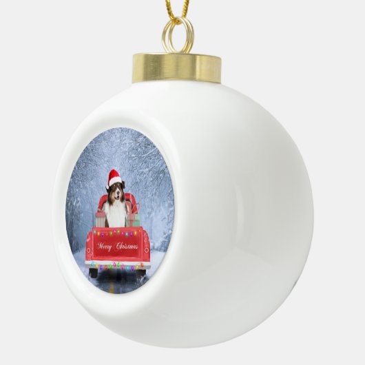 Australian Shepherd Dog in Sneeuwkerst Keramische Bal Ornament (Rechts)