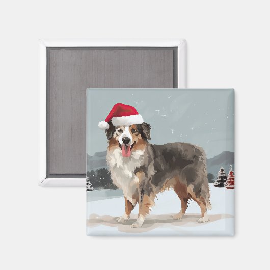 Australian Shepherd Dog in Sneeuwkerst Magneet (Voorkant / Achterkant)