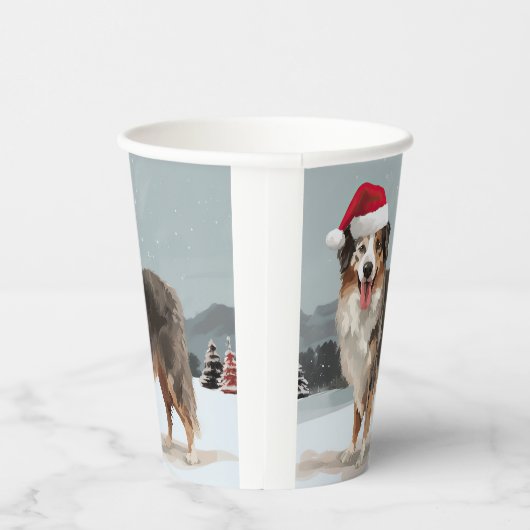 Australian Shepherd Dog in Sneeuwkerst Papieren Bekers (Rechts)