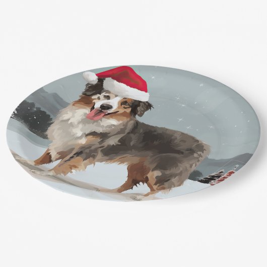 Australian Shepherd Dog in Sneeuwkerst Papieren Bordje (Gekanteld)