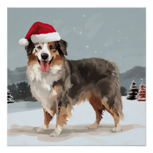 Australian Shepherd Dog in Sneeuwkerst Perfect Poster