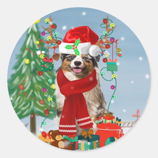 Australian Shepherd Dog in Sneeuwkerst Ronde Sticker (Voorkant)