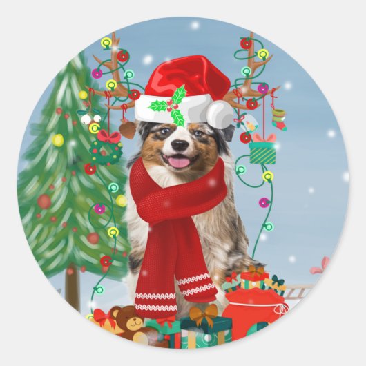 Australian Shepherd Dog in Sneeuwkerst Ronde Sticker (Voorkant)