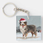 Australian Shepherd Dog in Sneeuwkerst Sleutelhanger (Voorkant)