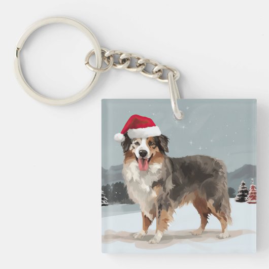 Australian Shepherd Dog in Sneeuwkerst Sleutelhanger (Voorkant)