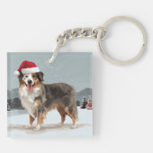 Australian Shepherd Dog in Sneeuwkerst Sleutelhanger (Achterkant)