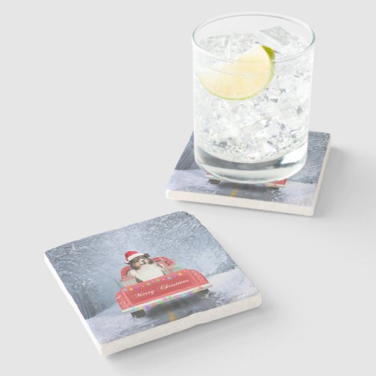 Australian Shepherd Dog in Sneeuwkerst Stenen Onderzetter (Zijkant)