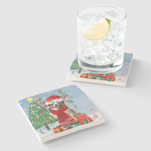 Australian Shepherd Dog in Sneeuwkerst Stenen Onderzetter (Zijkant)