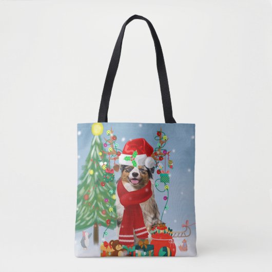 Australian Shepherd Dog in Sneeuwkerst Tote Bag (Voorkant)