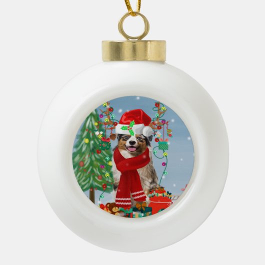 Australian Shepherd Dog in Snow-kerstcadeau Keramische Bal Ornament (Voorkant)