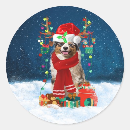 Australian Shepherd Dog in Snow-kerstcadeau Ronde Sticker (Voorkant)