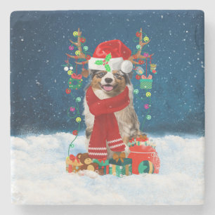 Australian Shepherd Dog in Snow-kerstcadeau Stenen Onderzetter