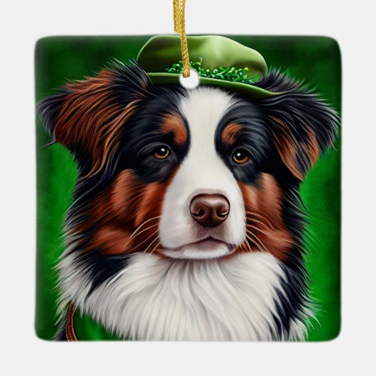 Australian Shepherd dog in St. Patrick's Day Dress Keramisch Ornament (Voorkant)