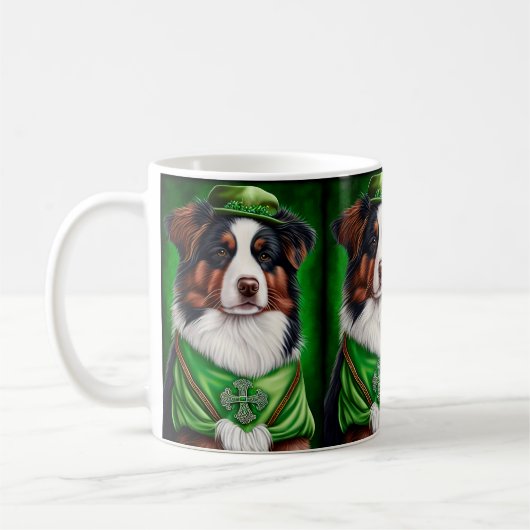 Australian Shepherd dog in St. Patrick's Day Dress Koffiemok (Links)