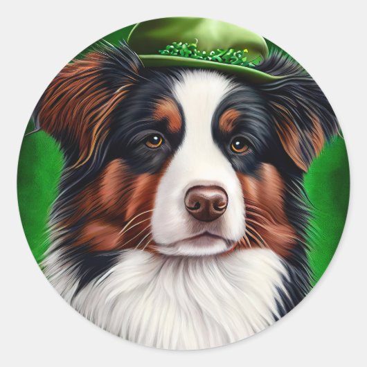 Australian Shepherd dog in St. Patrick's Day Dress Ronde Sticker (Voorkant)
