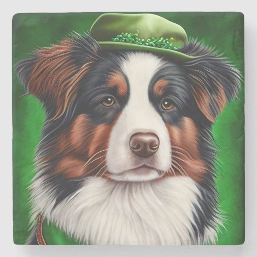 Australian Shepherd dog in St. Patrick's Day Dress Stenen Onderzetter (Voorkant)
