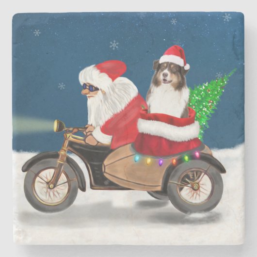 Australian Shepherd Dog kerstkerstkerstman Stenen Onderzetter (Voorkant)