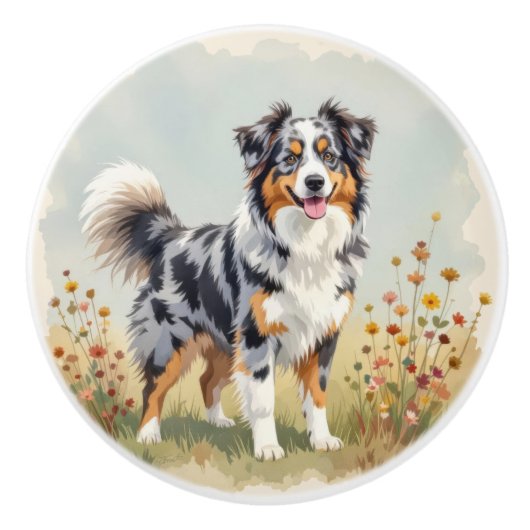 Australian Shepherd Dog Merle Long Tail Keramische Knop (Voorkant)