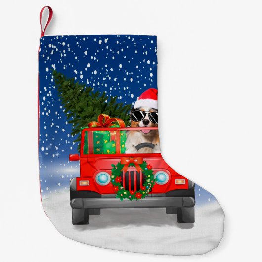Australian Shepherd dog met kerstcadeaus Kleine Kerstsok (Voorkant)