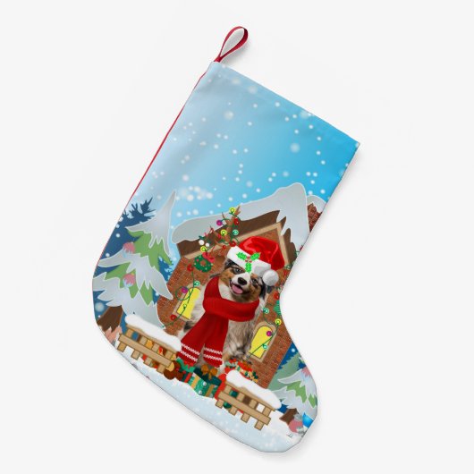 Australian Shepherd dog met kerstcadeaus Kleine Kerstsok (Voorkant (Hangend))