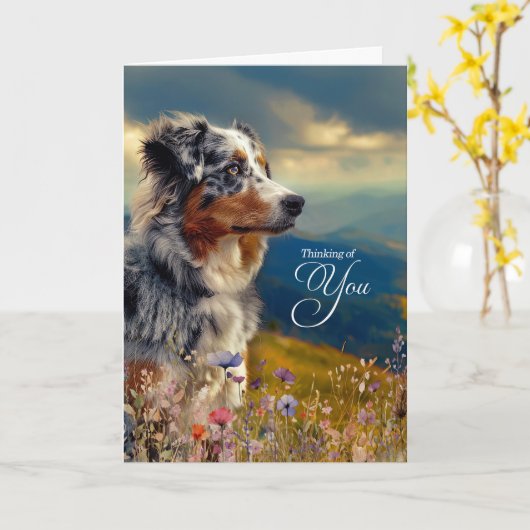 Australian Shepherd Dog Mountains Thinking of You Kaart (Gele Bloem)