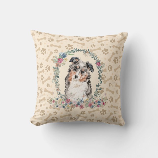 Australian Shepherd Dog Paw Print & Floral Cute Kussen (Voorkant)