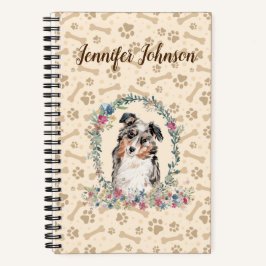 Australian Shepherd Dog Paw Print & Floral Cute Notitieboek