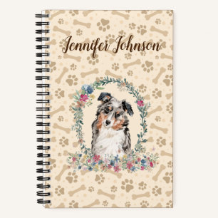 Australian Shepherd Dog Paw Print & Floral Cute Notitieboek