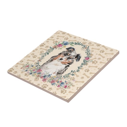 Australian Shepherd Dog Paw Print Floral Cute Tegeltje (Zijkant)