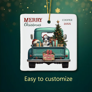 Australian Shepherd Dog Retro Truck Kerstmis Keramisch Ornament