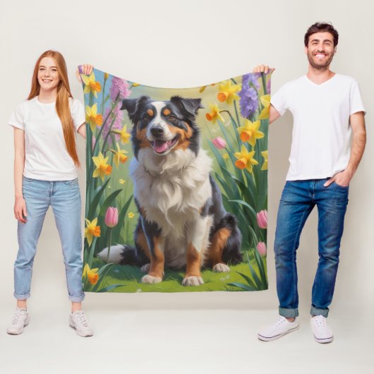 Australian Shepherd Dog Spring Bloemen Schilderen Fleece Deken (In situ)