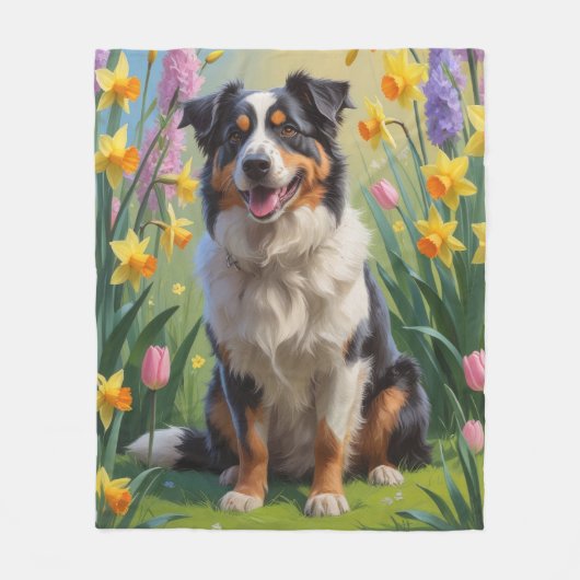 Australian Shepherd Dog Spring Bloemen Schilderen Fleece Deken (Voorkant)