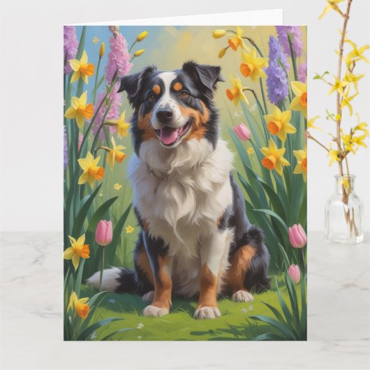 Australian Shepherd Dog Spring Bloemen Schilderen Kaart (Gele Bloem)