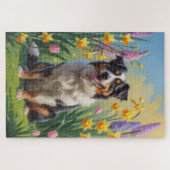 Australian Shepherd Dog Spring Bloemen Schilderen Legpuzzel (Horizontaal)