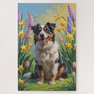 Australian Shepherd Dog Spring Bloemen Schilderen Legpuzzel