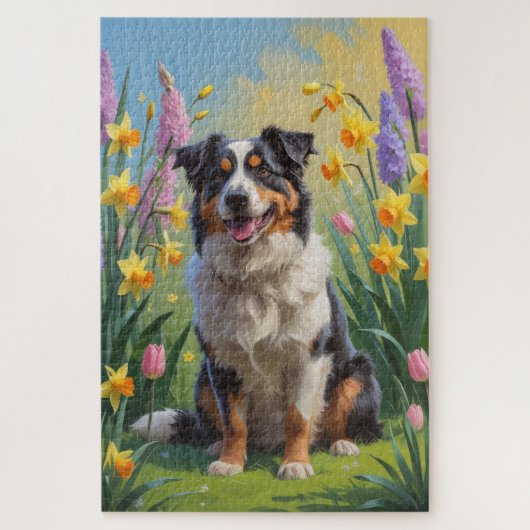Australian Shepherd Dog Spring Bloemen Schilderen Legpuzzel (Verticaal)