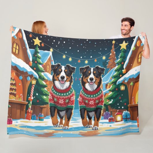 Australian Shepherd Dogs Christmas Snow Holiday Fleece Deken (In situ)