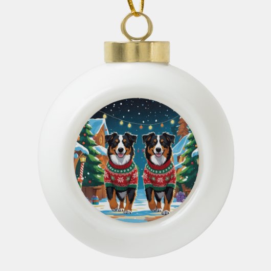 Australian Shepherd Dogs Christmas Snow Holiday Keramische Bal Ornament (Voorkant)