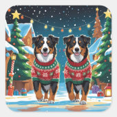 Australian Shepherd Dogs Christmas Snow Holiday Vierkante Sticker (Voorkant)
