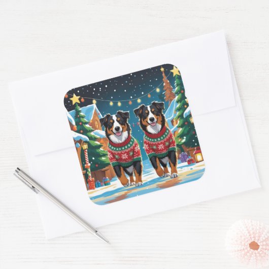 Australian Shepherd Dogs Christmas Snow Holiday Vierkante Sticker (Envelop)