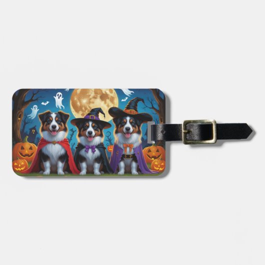 Australian Shepherd Dogs Pumpkin Halloween Grappig Bagagelabel (Voorkant horizontaal)