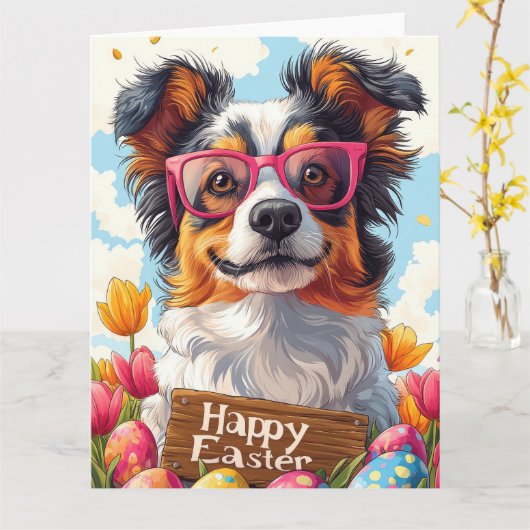 Australian Shepherd Easter Eggs Kaart (Gele Bloem)