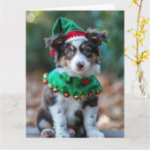 Australian Shepherd Elf Puppy Kerst Kaart (Gele Bloem)