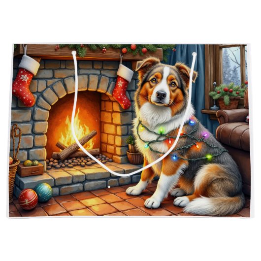 Australian Shepherd Fireplace with Christmas Light Groot Cadeauzakje (Voorkant)